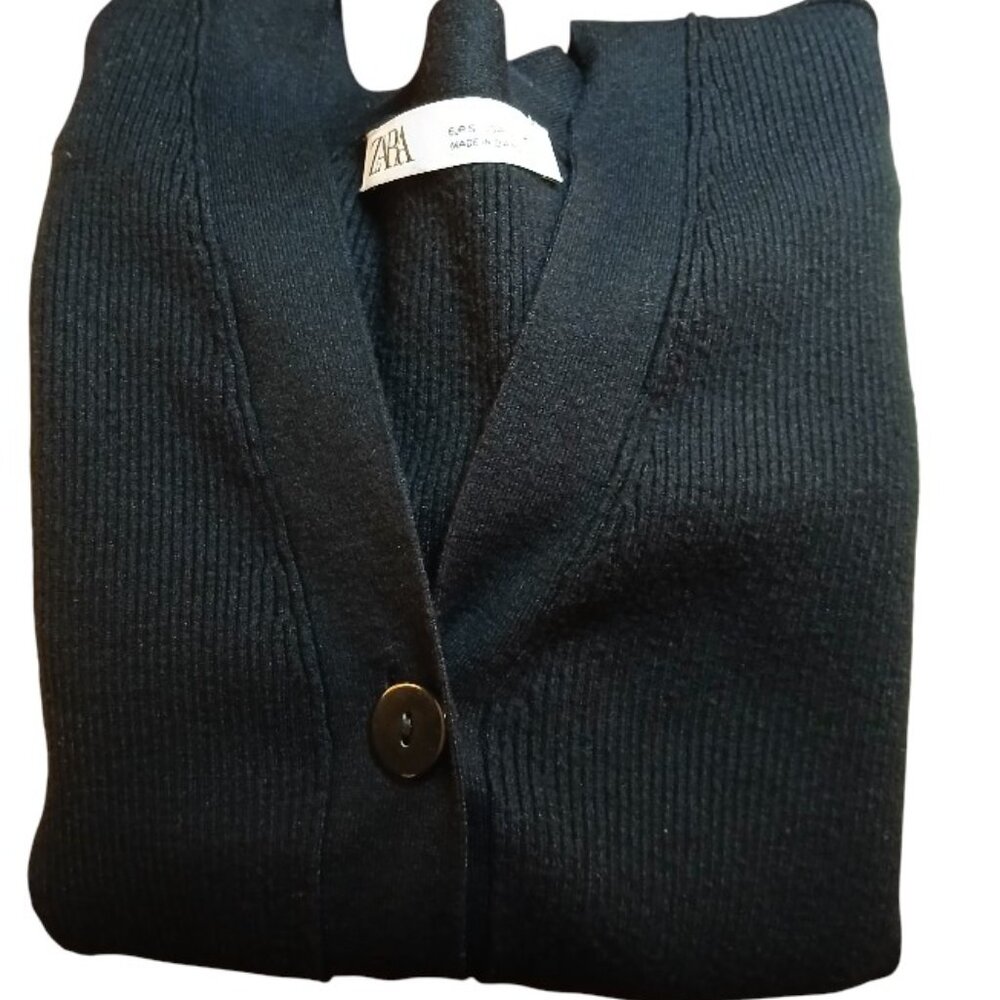 ZARA Black Ribbed Button Knit Crop Balloon Sleeve Cardigan - Picture 8 of 9